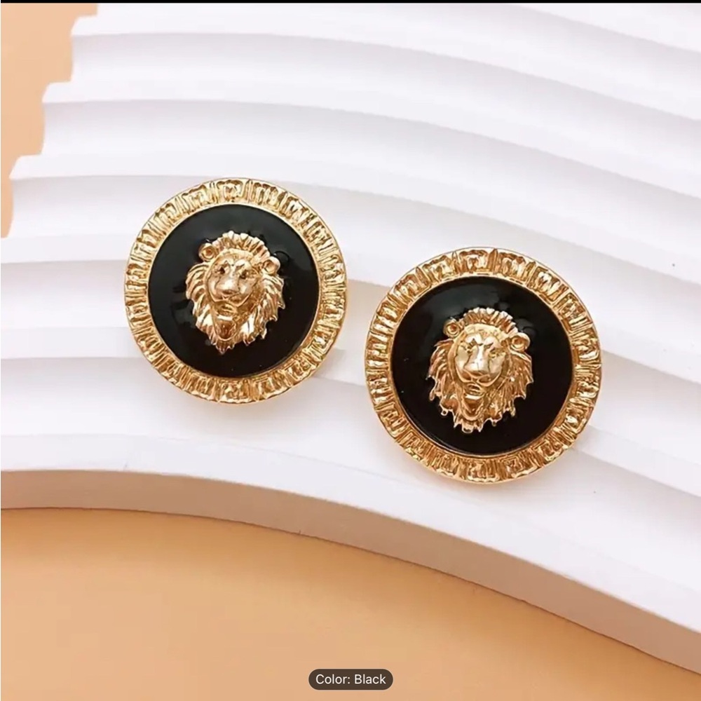 Lion Gold and White Circular Earrings with Rhinestone Accents